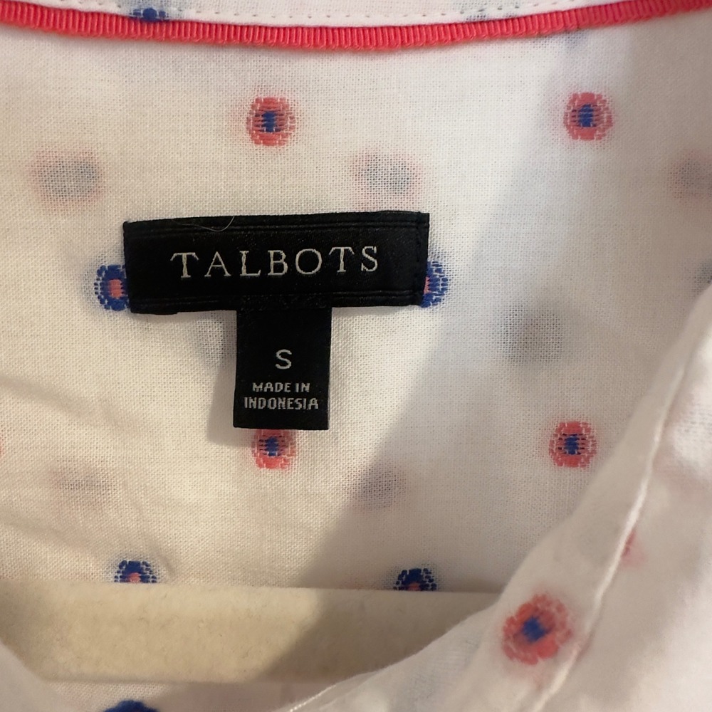 Talbots Womens Small White Cotton Button Down Shirt Red Blue Geometric Dot Print - Picture 4 of 8